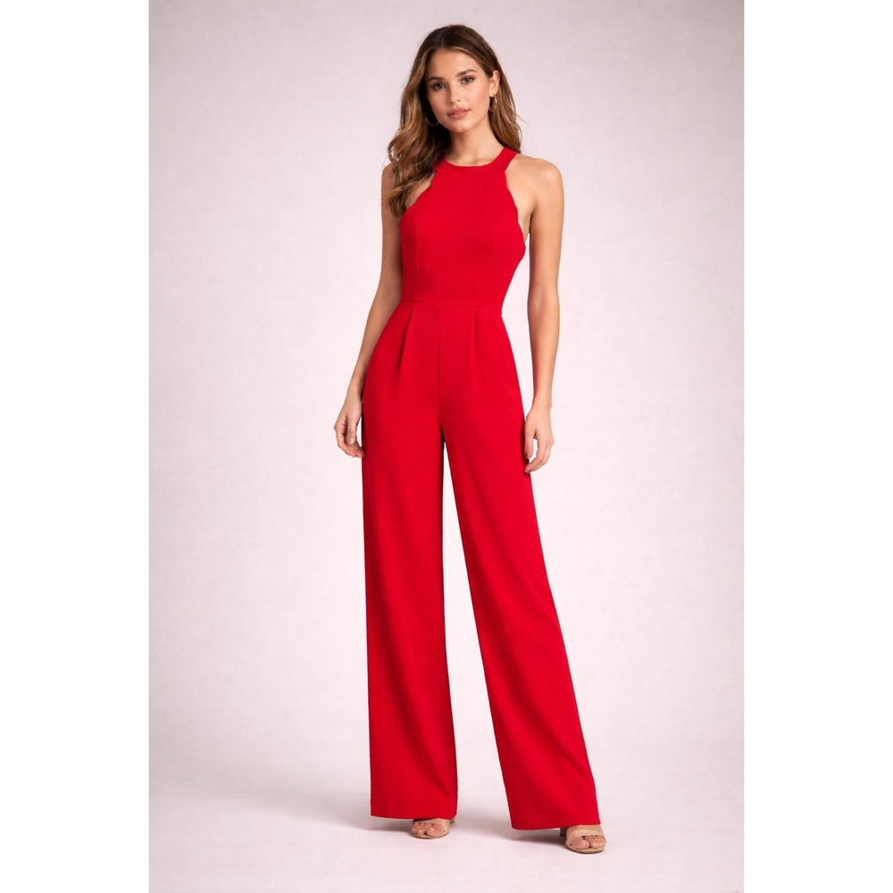 Francesca's Collections Red Halter Wide-Leg Jumpsuit